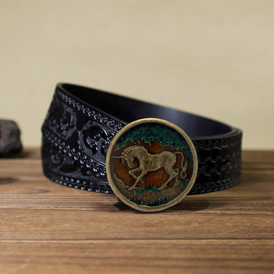 Men's DIY Mystical Unicorn Antique Bronze Buckle Leather Belt