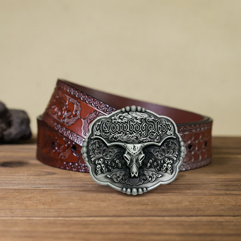 Men's DIY Cowboy Gothic Skull Bull Buckle Leather Belt