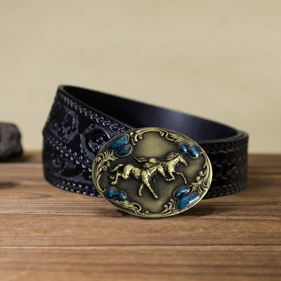 Men's DIY Running Horses Turquoise Bead Buckle Leather Belt