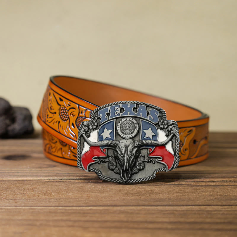 Men's DIY Texas Flag Longhorn Bull Buckle Leather Belt