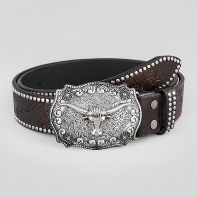 Men's Silver Engraved Bull Square Buckle Leather Belt