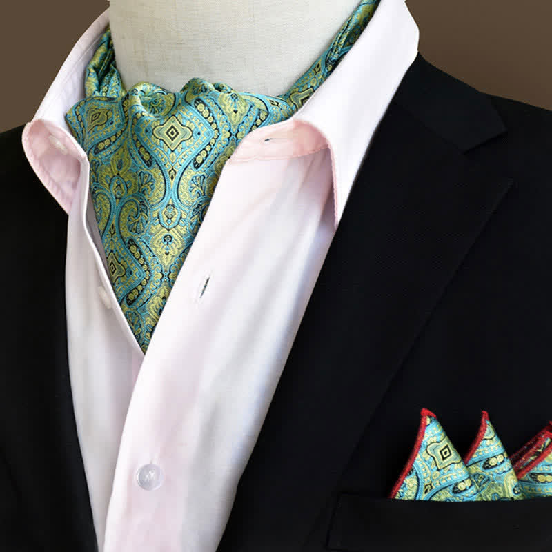 2Pcs Turquoise Luxury Floral Paisley Pocket Square and Cravat Set