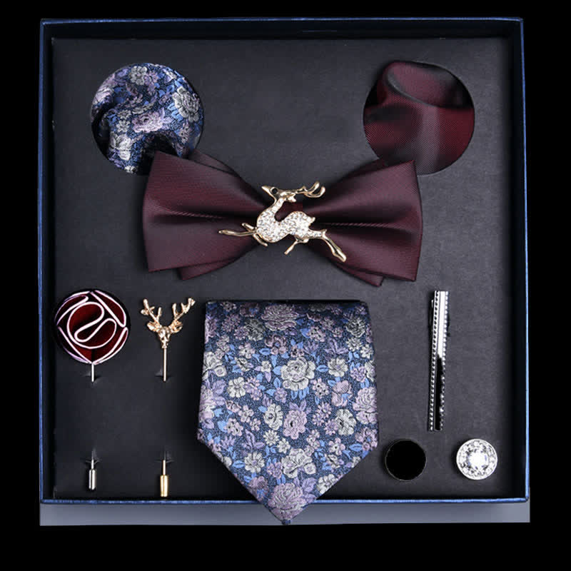 8Pcs Burgundy&Blue Floral Casual Necktie Bow Ties Gift Box