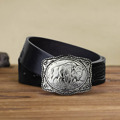 Men's DIY Silver Engraved Buffalo Buckle Leather Belt