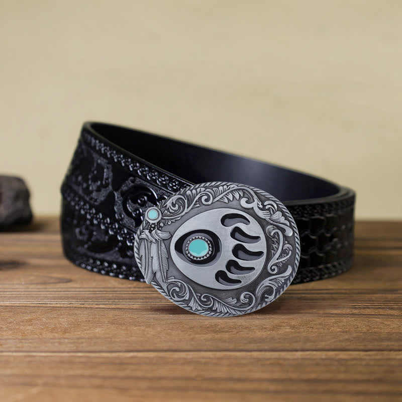 Men's DIY Blue Enamel Bear Paw Buckle Leather Belt