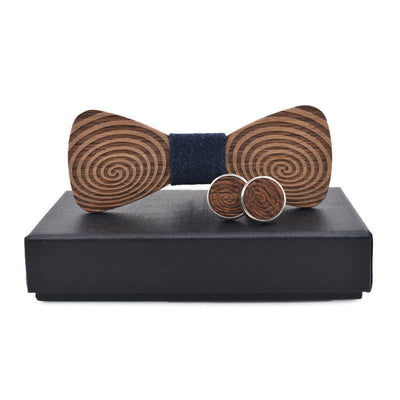 2Pcs Men's Hypnosis Swirl Printing Wooden Bow Tie Set