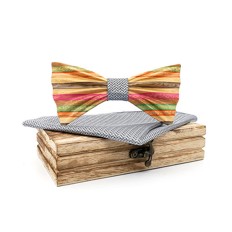 2Pcs Men's Rainbow Wrinkle Wooden Bow Tie Set