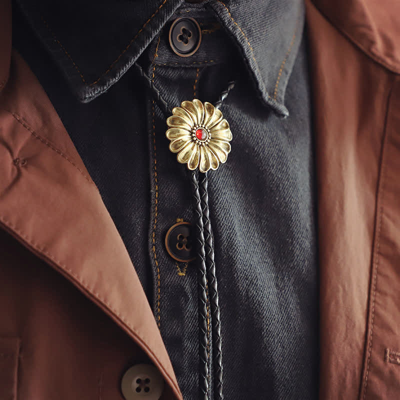 Retro Flower Shaped Red Glaze Inlaid Bolo Tie