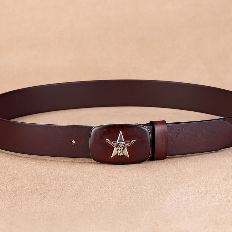 Men's Ox Head Star Plate Buckle Leather Belt