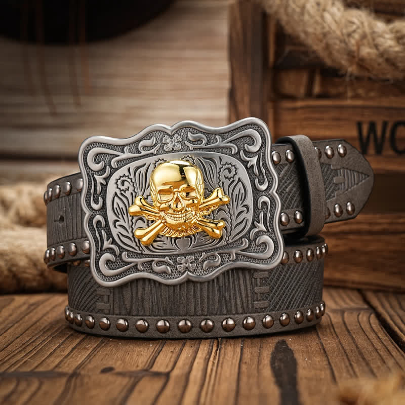 Men's Punk Skull Buckle Rivet Studded Leather Belt
