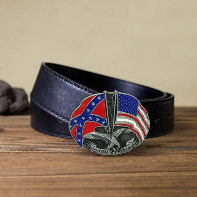 Men's DIY Eagle Double Flags Dixie Buckle Leather Belt
