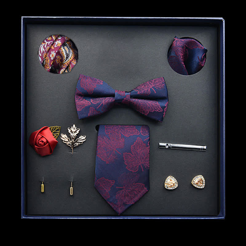 8Pcs Navy&Purple Vintage Leaf Necktie Bow Ties Gift Box
