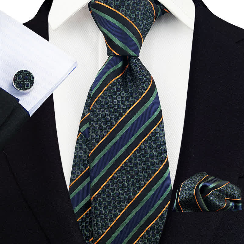 3Pcs Men's Vintage Green & Navy Striped Necktie Set