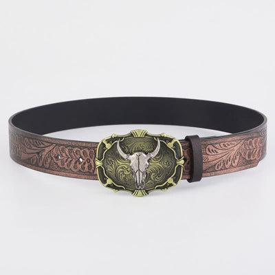 Men's Distressed Bull Square Buckle Leather Belt
