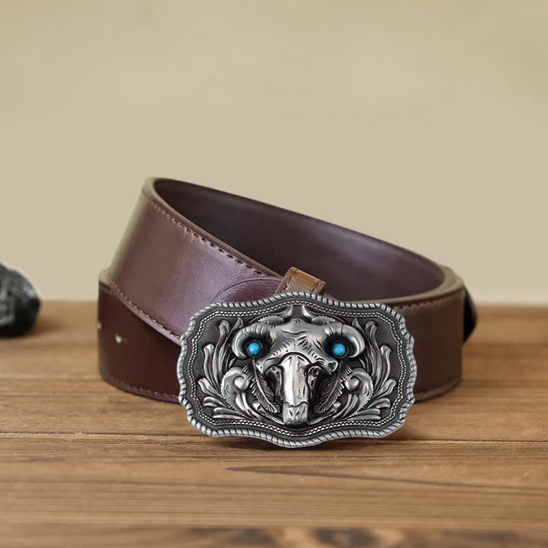 Men's DIY Goat Skull Turquoise Buckle Leather Belt