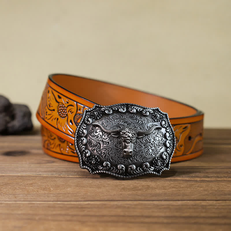 Men's DIY Longhorn Bull Antiqued Silver Buckle Leather Belt