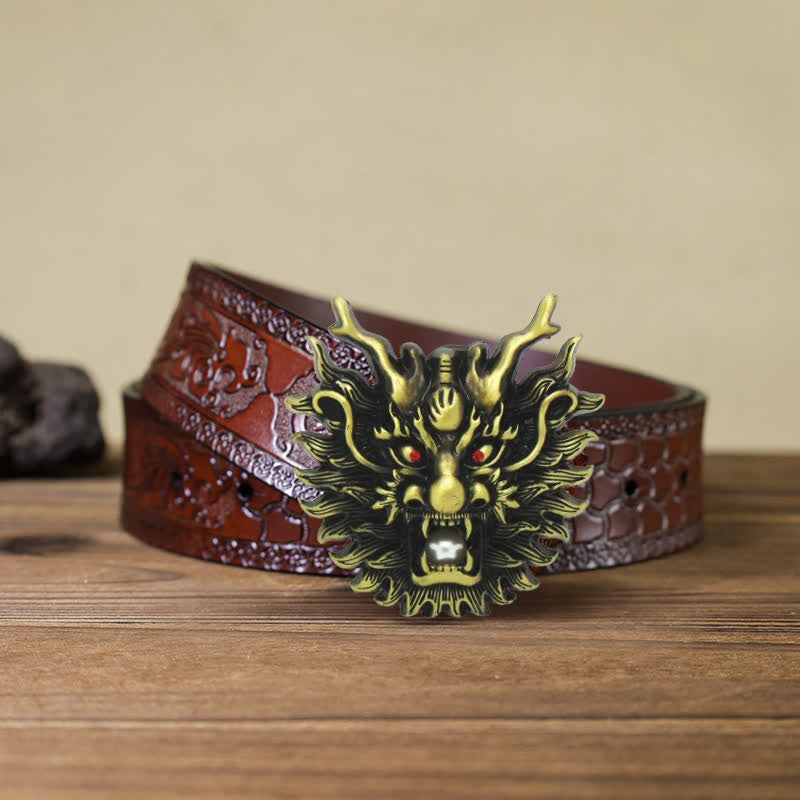 Men's DIY Fiery Dragon White Pearl Buckle Leather Belt