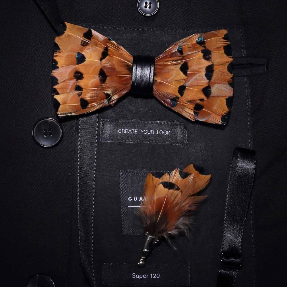 Tawny & Black Trim Feather Bow Tie with Lapel Pin