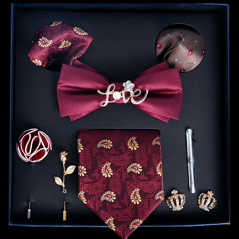 8Pcs Red&Gold Luxury Noble Print Bow Ties Gift Box