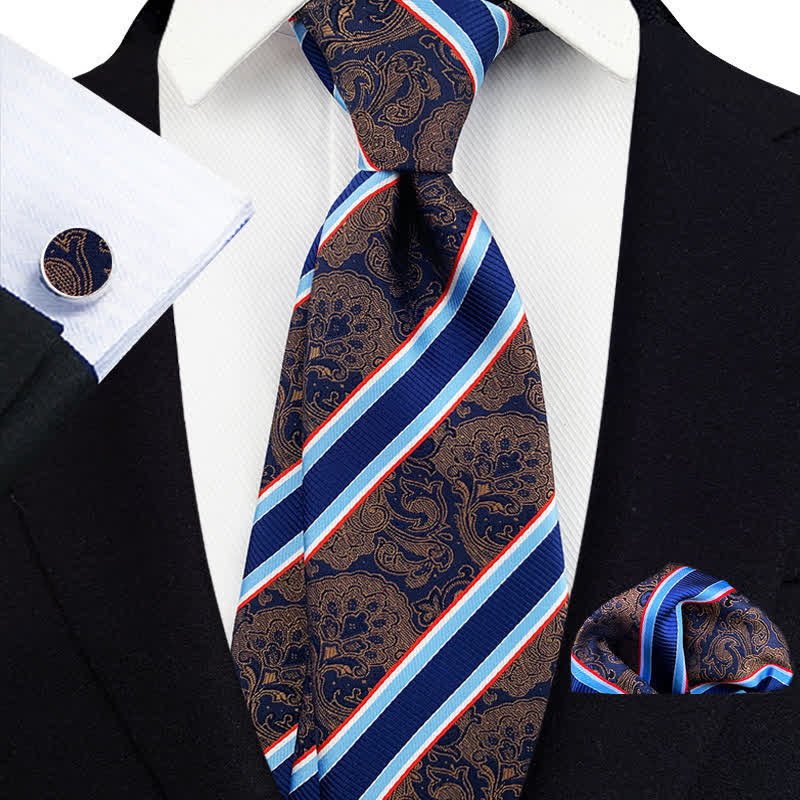 3Pcs Men's Peru Paisley & Navy Striped Necktie Set