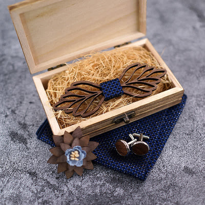 4Pcs Men's Hollow Leaves-shaped Wooden Bow Tie Set