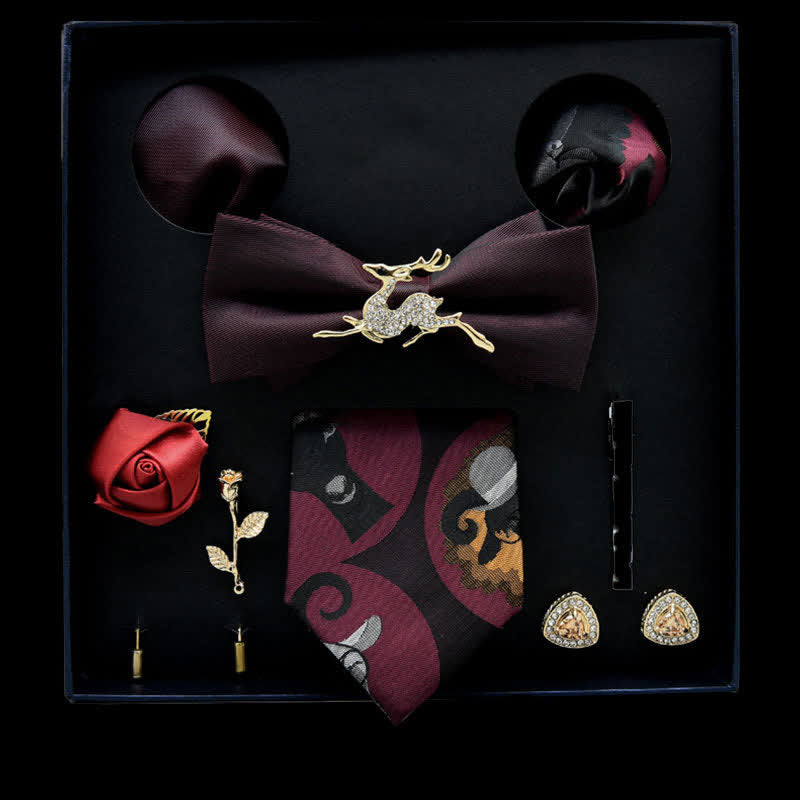 8Pcs Burgundy&Black Floral Casual Necktie Bow Ties Gift Box