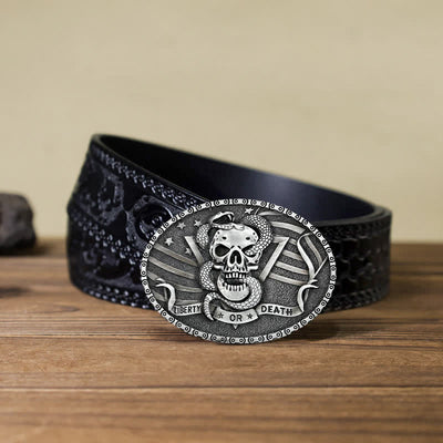 Men's DIY "Liberty or Death" Snake Skull Buckle Leather Belt