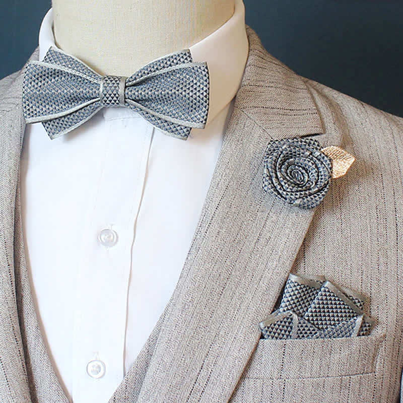 3Pcs Men's Micro Check Wedding Groom Bow Tie Set