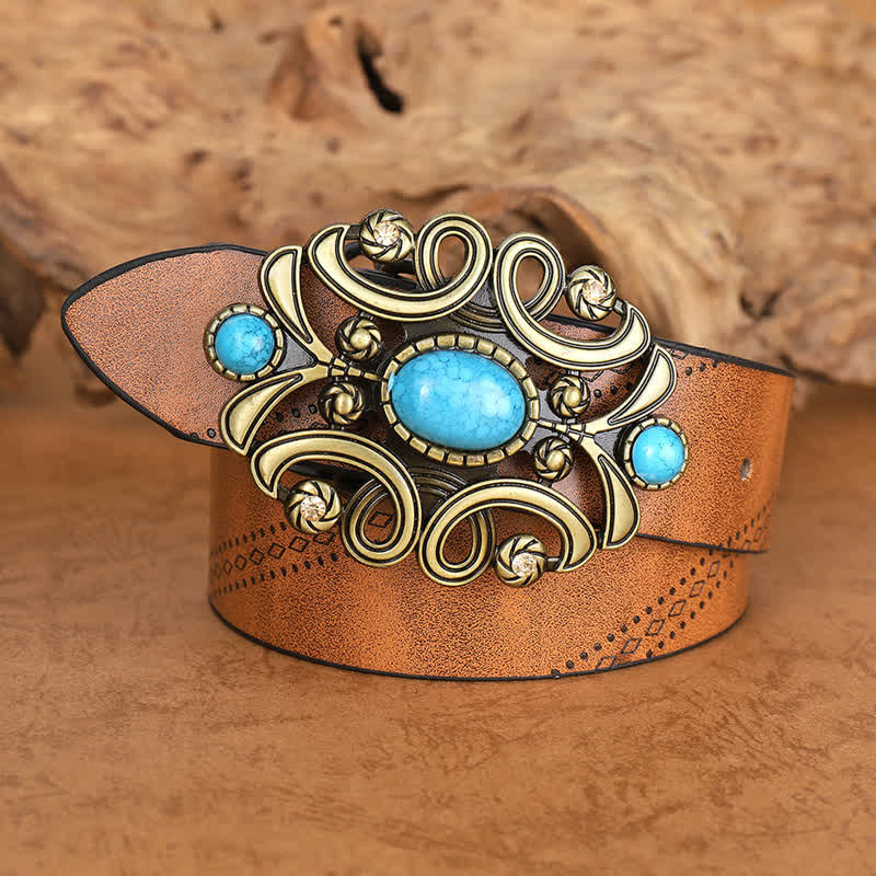 Women's Bohemian Turquoise Stone Floral Buckle Leather Belt