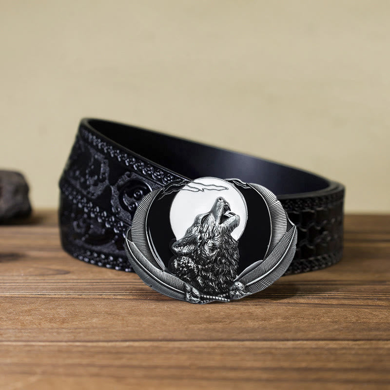 Men's DIY Howling Wolf Moon Oval Buckle Leather Belt