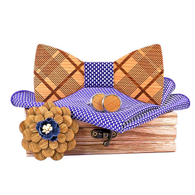 4Pcs Men's Carved Plaids Wooden Bow Tie Set