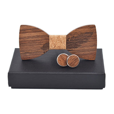 2Pcs Men's Feather Engraving Wooden Bow Tie Set