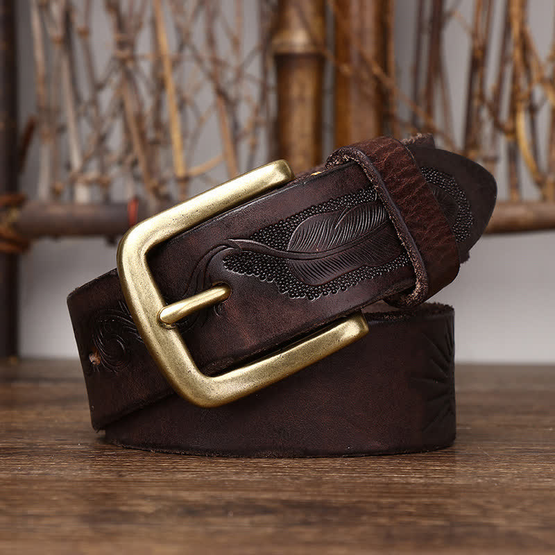 Men's Embossed Feather Pattern Pure Leather Belt