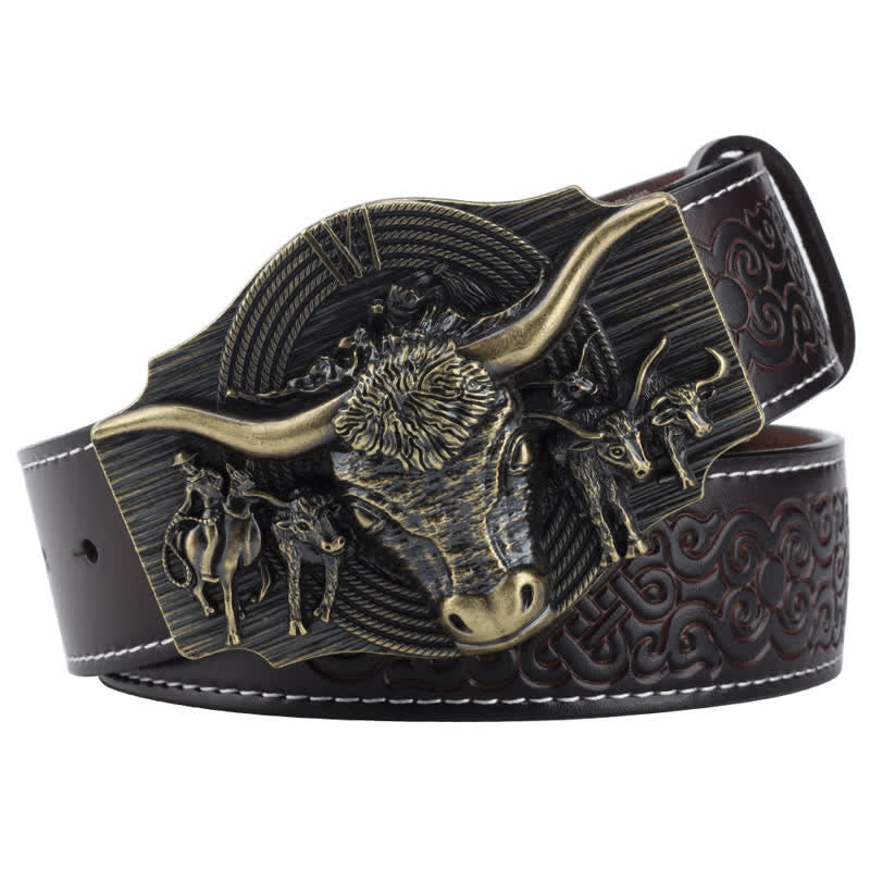 Men's Longhorn Bull Embossed Leather Belt