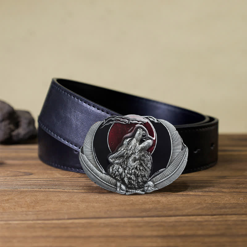 Men's DIY Howling Wolf Moon Oval Buckle Leather Belt