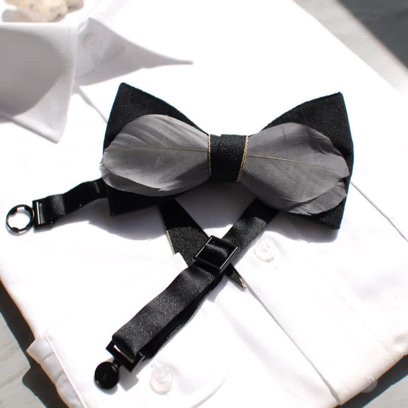 Gray & Black Velvet Feather Bow Tie