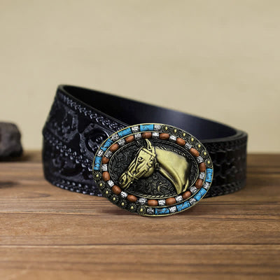 Men's DIY Horse Head Turquoise Buckle Leather Belt