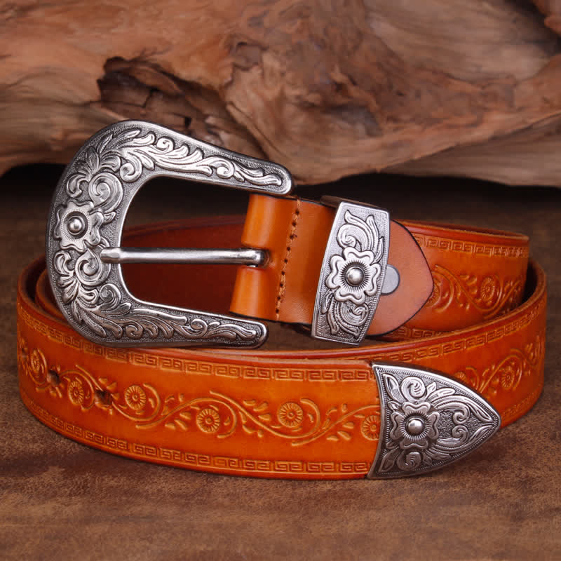 Unisex Rustic Texture Flower Printing Leather Belt