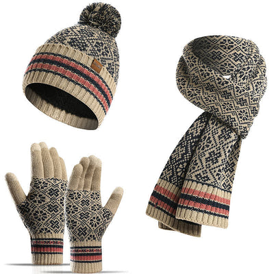 3Pcs Unisex Snowflake Hat Scarf Touchscreen Gloves Set