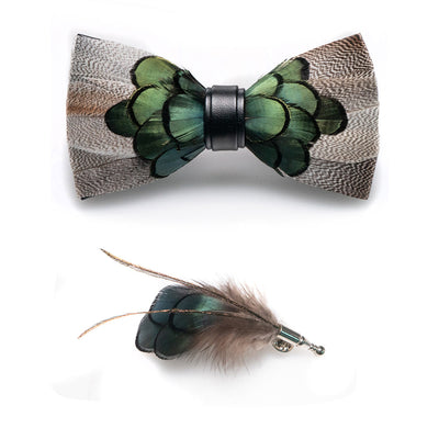 Grey & Forest Green Feather Bow Tie with Lapel Pin