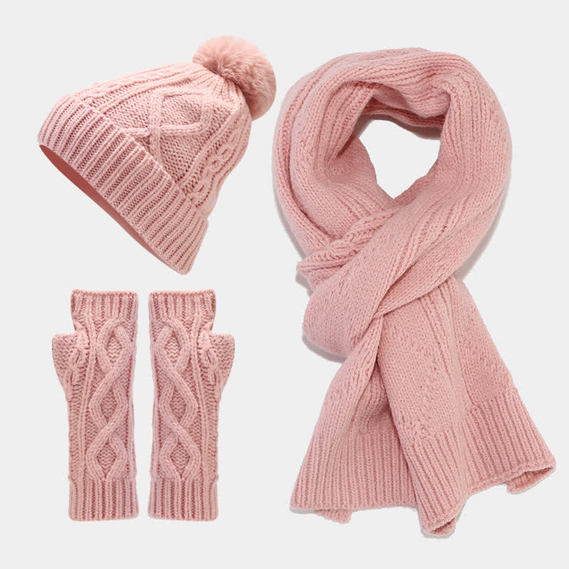 3Pcs Women's Cable Knitted Hat Scarf Fingerless Mittens Set