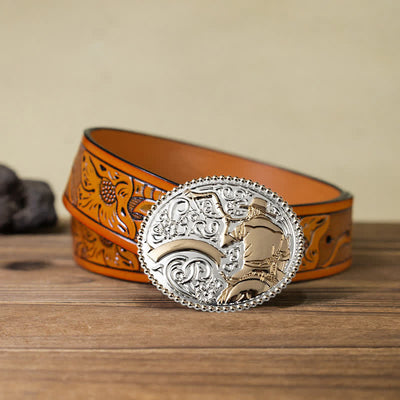 Men's DIY Cowboy Blowing The Horn Buckle Leather Belt