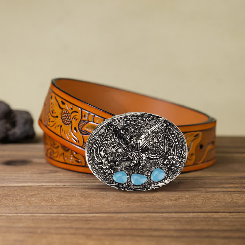 Men's DIY Horse Eagle Faux Turquoise Buckle Leather Belt