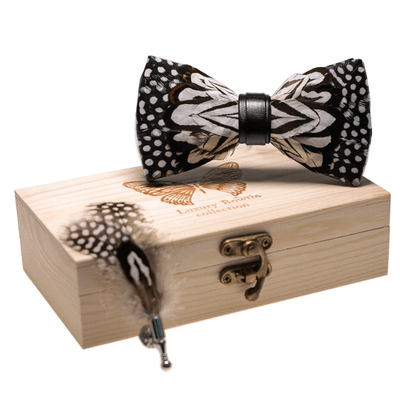 Black & White Owl Feather Bow Tie with Lapel Pin