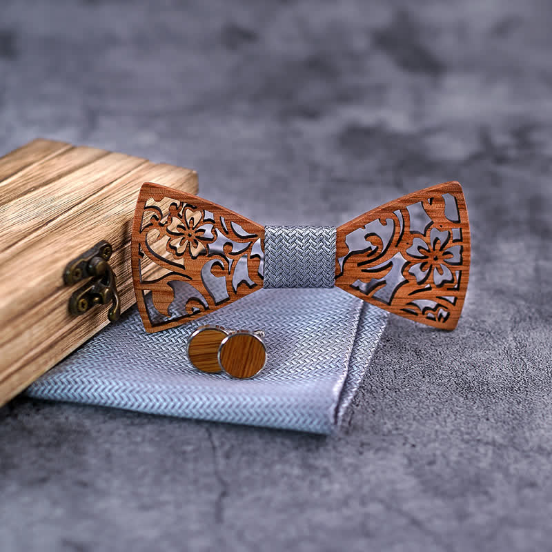 4pcs Men's Hollow Floral Wooden Bow Tie Set