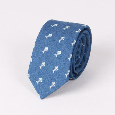 Men's British Style Blue Fish Bone Skull Print Cotton Necktie