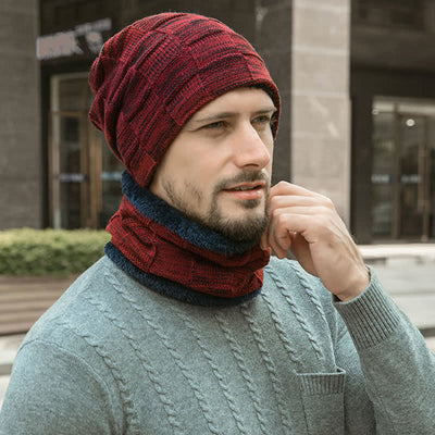 Winter Plaid Knit Beanie Hat Scarf Set