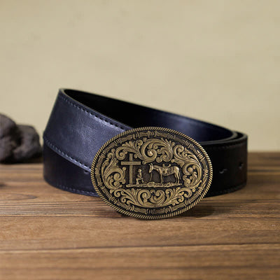 Men's DIY Praying Cowboy Oval Buckle Leather Belt