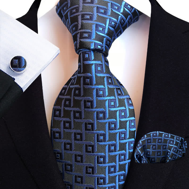 3Pcs Men's Blue & Black Modern Plaid Necktie Set