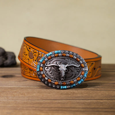 Men's DIY Turquoise Wood Bead Bull Buckle Leather Belt